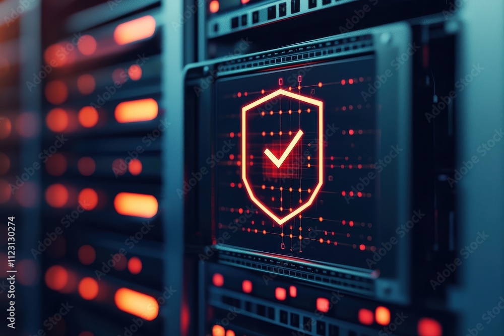 Poster digital shield icon on a server, representing cybersecurity and data protection.