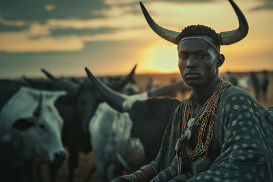 Young Dinka Man in Traditional Wear at a Cattle Camp