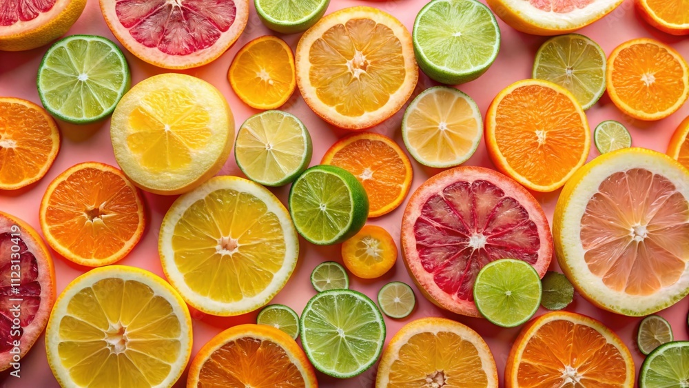 Poster vibrant assorted citrus fruit slices displayed on a soft pink backdrop for fresh and colorful food p
