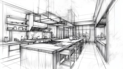 Artistic kitchen design with outlined sketch details transitioning into a realistic photo featuring sleek furniture and decor