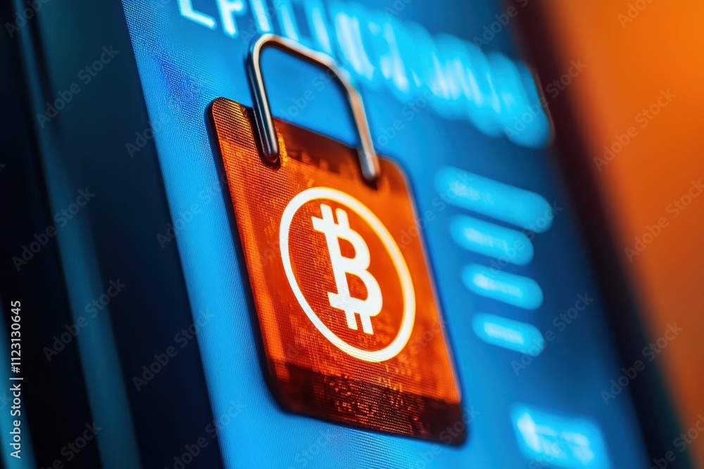 Poster digital security concept featuring a bitcoin lock on a smartphone screen.
