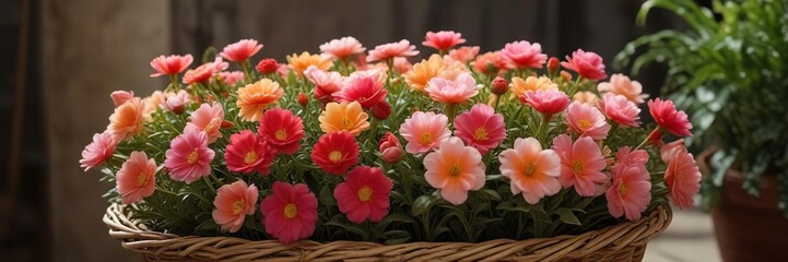 Fototapeta premium In the middle of a wicker basket filled with other plants, a stunning Portulaca grandiflora flower blooms with radiant petals , greenery, bloom, botanical