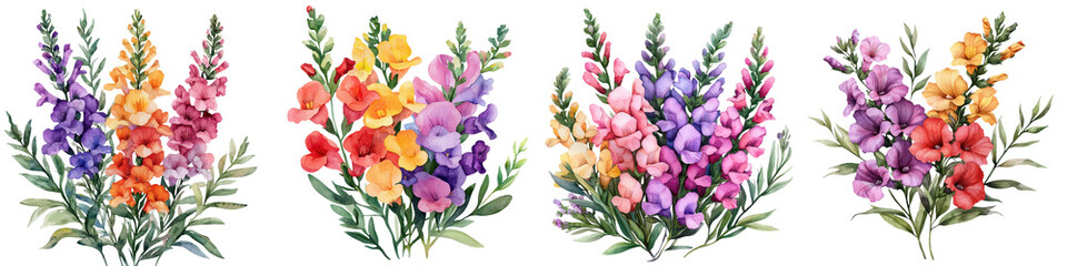 Obraz premium A vibrant and colorful bouquet of blooming summer snapdragon flowers in shades of purple pink and yellow creating a lush and floral display