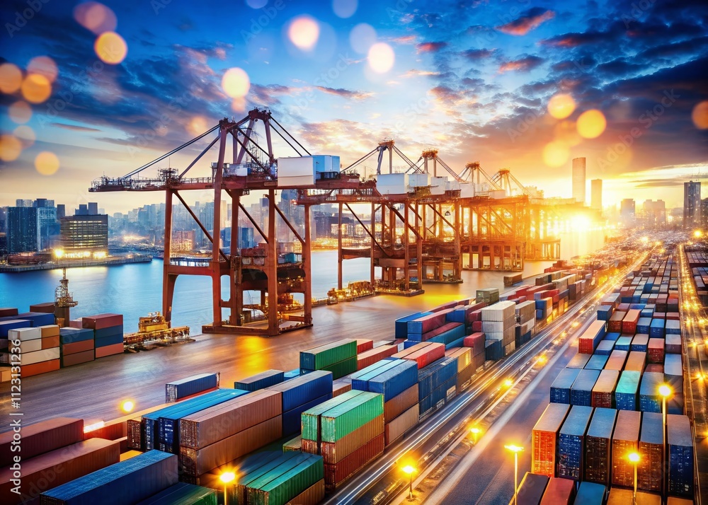Poster vibrant bokeh effect over a busy cargo terminal with shipping containers and cranes under blue sky, 