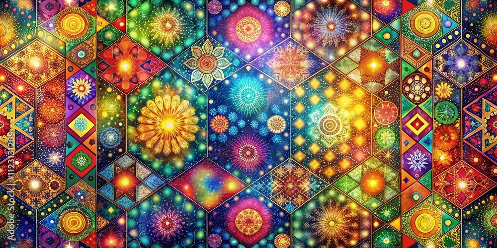 Poster vibrant bohemian rainbow patchwork background with funky ethnic patterns and bokeh effect for creati