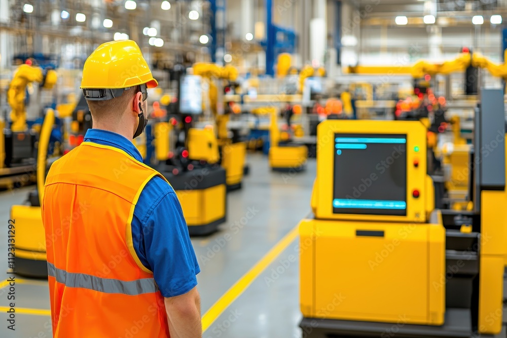 Poster worker oversees automated robots in a modern warehouse setting.