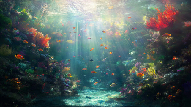A land scape scane with colorful fishes swimming in colorful loation