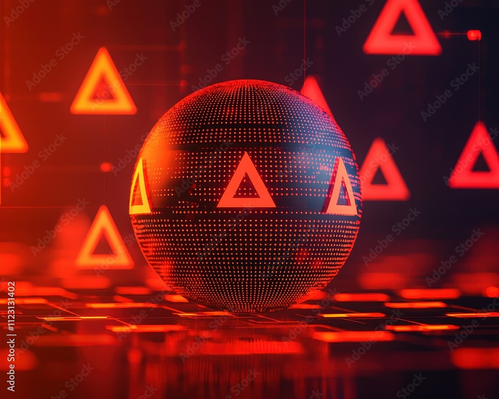 Aufkleber glowing sphere with geometric patterns in a digital red environment.