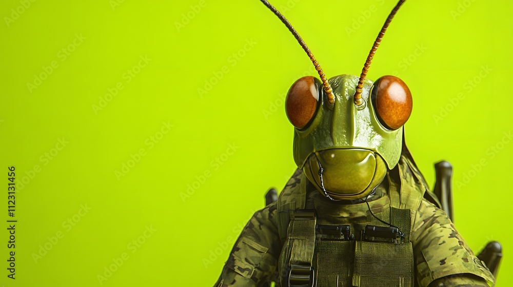 Poster a grasshopper in a military camouflage uniform, set against a bright green background with a lot of 