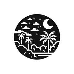 Fototapeta premium Night landscape with palm trees, clouds, and moon, minimalist tropical scene, serene atmosphere