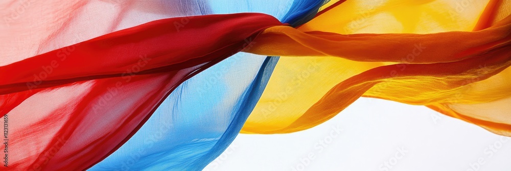 Poster colorful flowing fabric in blue, yellow, and red, creating a dynamic visual effect.
