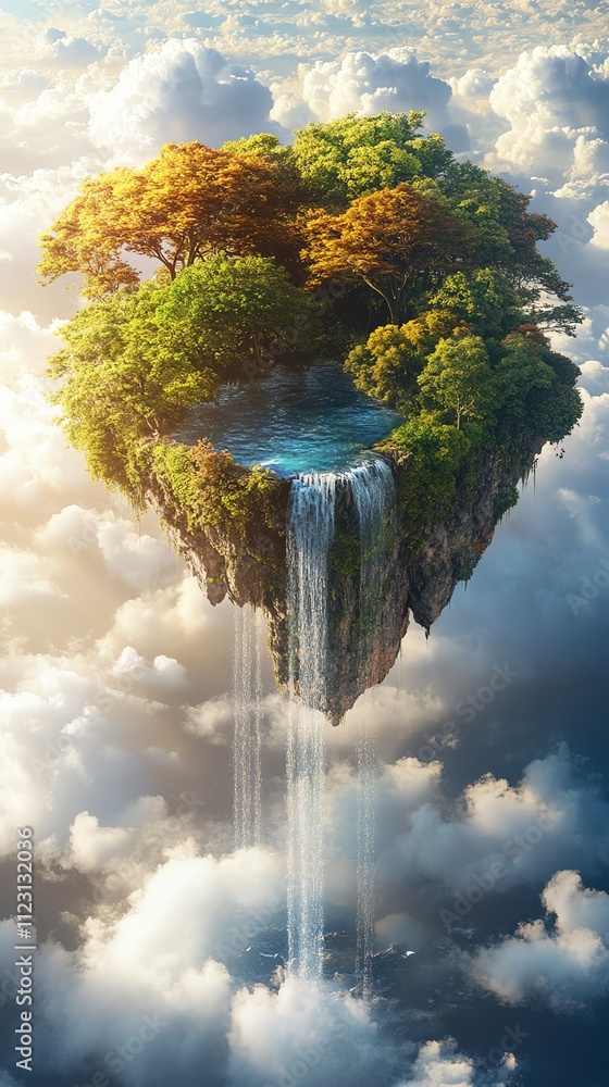 Aufkleber a floating island with a waterfall surrounded by clouds and lush greenery.