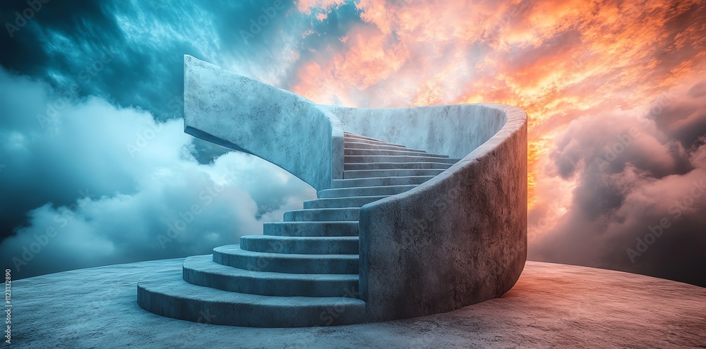 Poster A surreal staircase spiraling into a dramatic sky, symbolizing transition and exploration.