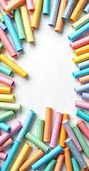 Fototapeta premium Pastel colored chalks arranged in a random pattern on a white background, chalks, pastel colors, colorful artwork