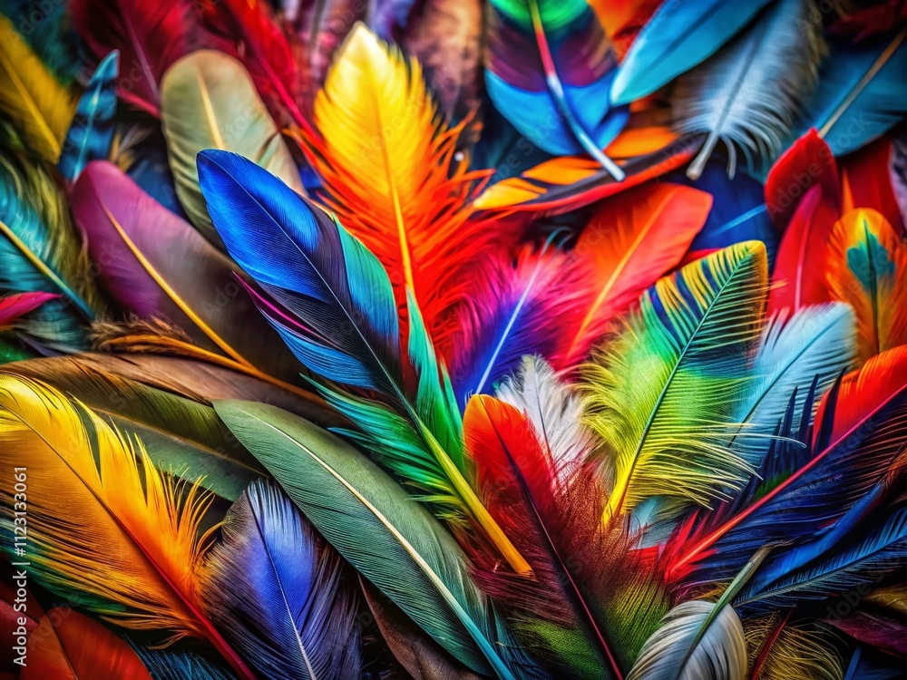 Poster vibrant collection of multicolored feathers showcasing nature's artistry and diversity in a stunning