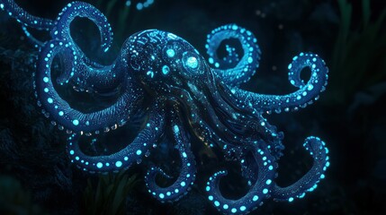 Fototapeta premium Bioluminescent Octopus with Glowing Blue Spots