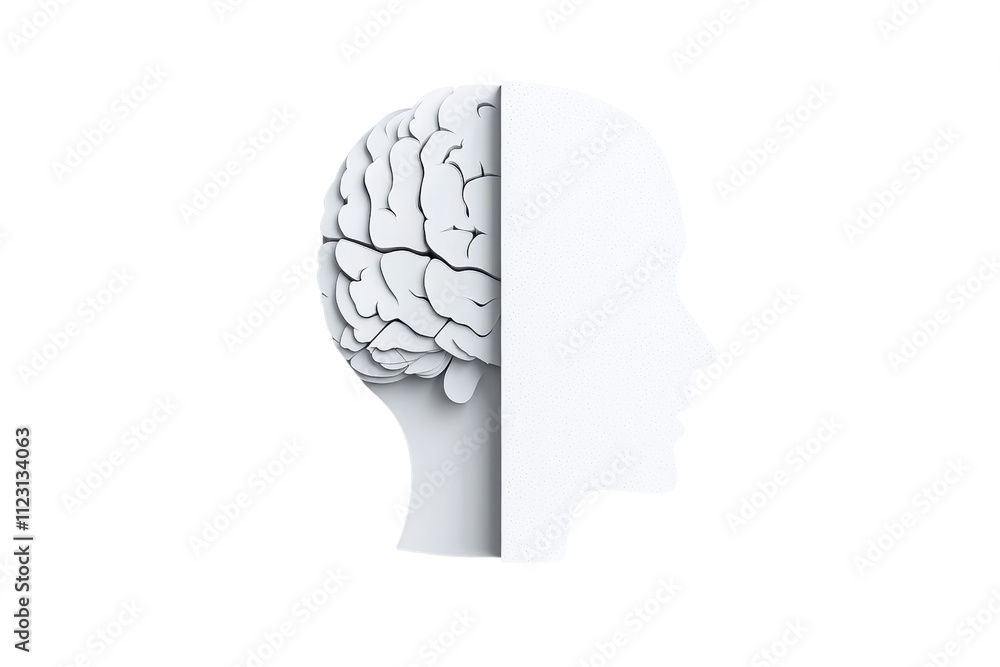 Poster a stylized profile displaying a brain juxtaposed with a human head, illustrating the connection betw