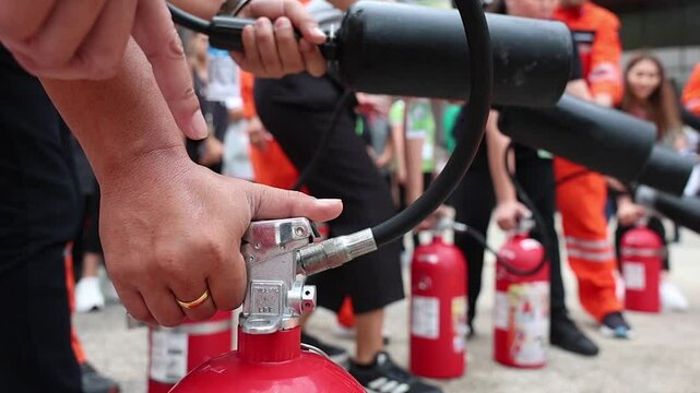 Employees firefighting training, Concept Employees hand using fire extinguisher fighting fire closeup	
