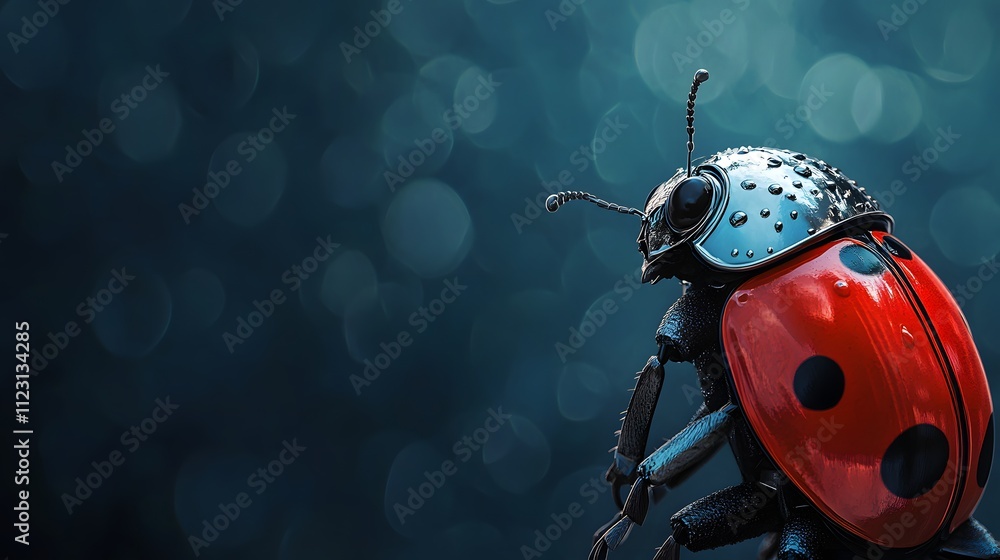 Poster a ladybug dressed as a knight with a shining armor, positioned against a dark blue background with a