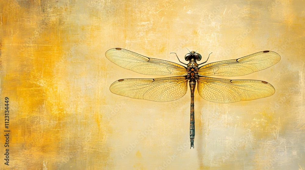 Poster a dragonfly in a historical knight is uniform, posed against a soft gold background with plenty of s