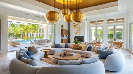 Fototapeta premium Contemporary living room showcasing rounded furniture pieces and golden pendant lighting, creating a chic and inviting space