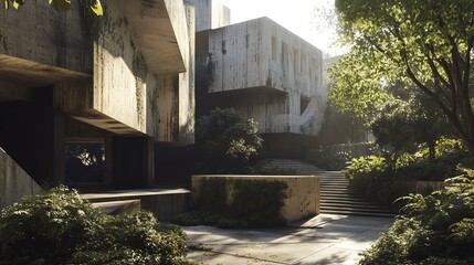 Fototapeta premium Modern concrete buildings surrounded by lush greenery.