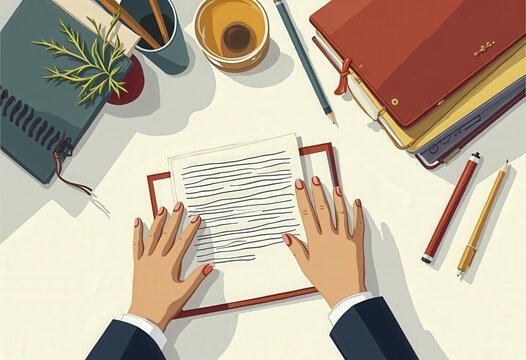 Hands organizing office supplies on a desk, digital illustration with laptop and coffee cup

