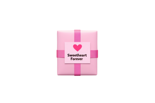 A pink gift box adorned with a heart and the phrase "Sweetheart Forever" on a label.