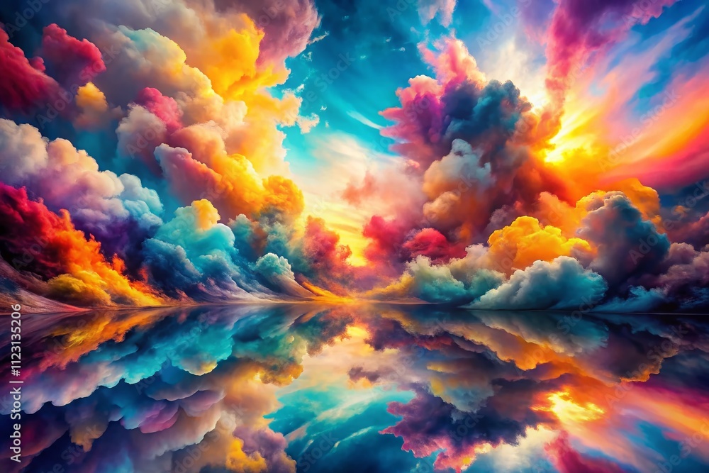Poster vibrant double exposure of colorful clouds blending with abstract art elements for a stunning backgr
