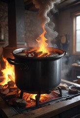 Steam rises from a cooking vessel placed near the burning hearth's edge , steam, fire