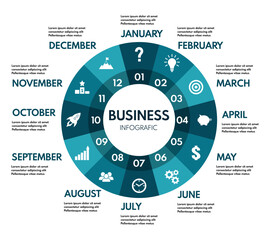 12 months or steps circle diagram, whole year business plan or project timeline, blue colors vector infographic