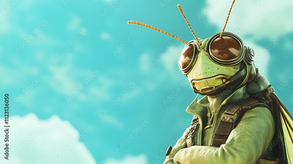 Poster a grasshopper in a casual pilot uniform, standing against a bright sky-blue background with large em