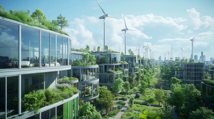 peak energy  technology. A futuristic eco-city features green buildings, wind turbines, and lush vegetation, showcasing sustainable urban living.
