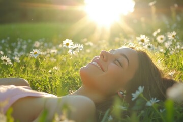 A young woman lies peacefully in a sun drenched daisy field  eyes closed  smiling contentedly.