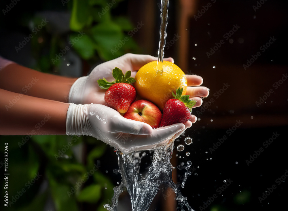 Poster two gloved hands gently cradle a vibrant array of fresh fruit strawberries, an apple, and a citrus f