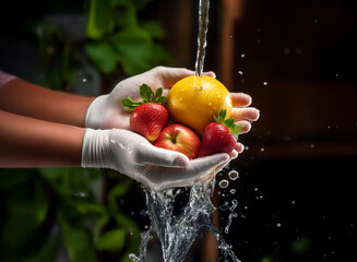Two gloved hands gently cradle a vibrant array of fresh fruit strawberries, an apple, and a citrus fruit underneath a flowing stream of water.  Hygiene and freshness are paramount.