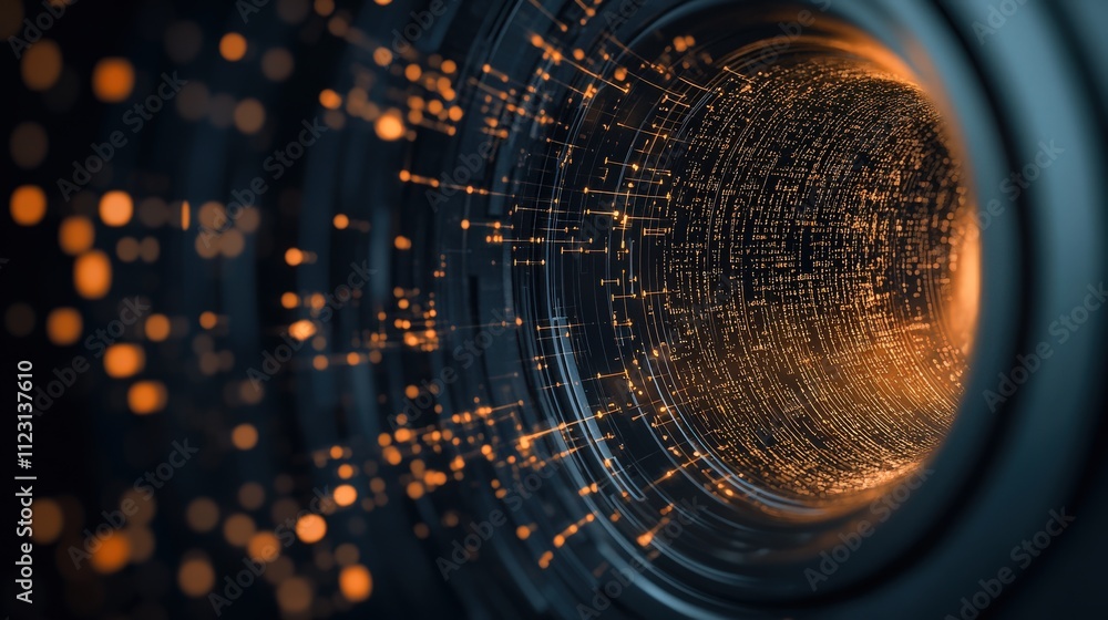 Aufkleber Abstract image of a swirling tunnel of light particles with a dark background, conveying concepts of technology, data processing, and digital innovation in a futuristic style