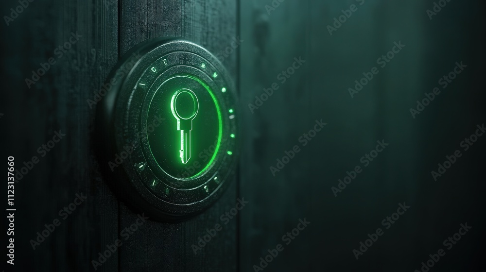 Aufkleber Modern Electronic Keypad System with Illuminated Key Icon on Dark Wooden Background for Security Technology and Access Control Concepts