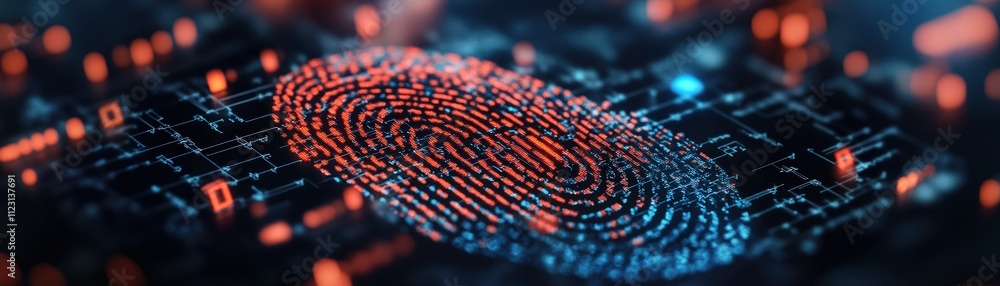 Poster abstract depiction of a digital fingerprint on a futuristic interface, showcasing technology, securi