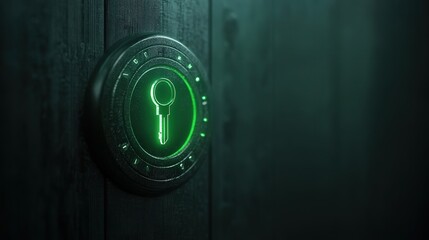 Modern Electronic Keypad System with Illuminated Key Icon on Dark Wooden Background for Security Technology and Access Control Concepts