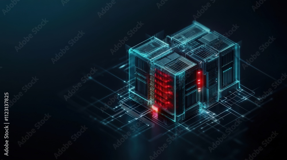 Poster Futuristic Data Center Visual Representation Featuring Three-Dimensional Servers with Illuminating Red Lights and Circuit Patterns on a Dark Background
