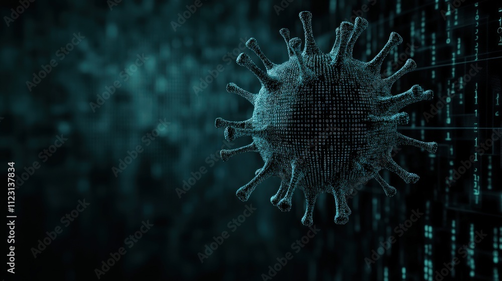 Poster Digital representation of a virus surrounded by glowing binary code on a dark background, illustrating concepts of technology, science, and data in healthcare and research