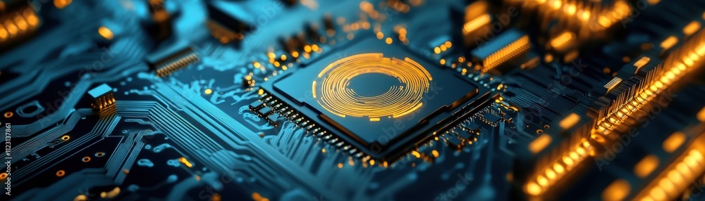 Aufkleber Close-Up of a Modern Microchip on a Circuit Board with Glowing Gold Elements Representing Technology and Innovation in Electronics and Computing
