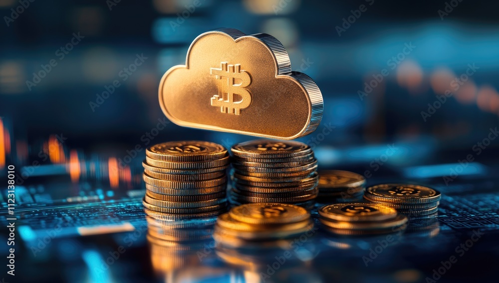 Poster a digital representation of cryptocurrency with coins and a cloud symbolizing storage.