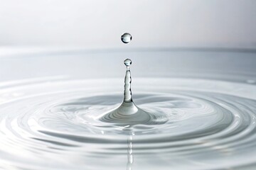 Water drop on white surface with ripples, serene, pure, reflective surface, distorted reflection, shiny