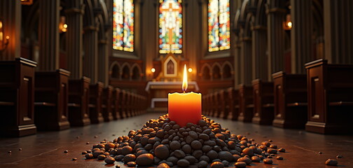 Glowing candle on pebbles in church aisle with stained glass