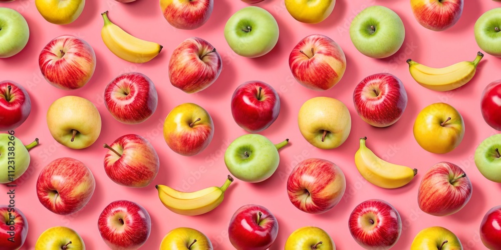 Poster vibrant fruit pattern featuring apples and bananas on a soft pink background for creative projects a