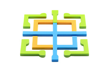 Fototapeta premium Colorful geometric shapes arranged in an intricate pattern, featuring blue, green, and orange elements.