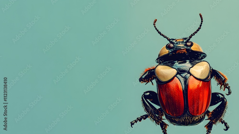 Poster a beetle dressed in a royal guard uniform, set against a soft blue background with plenty of empty s