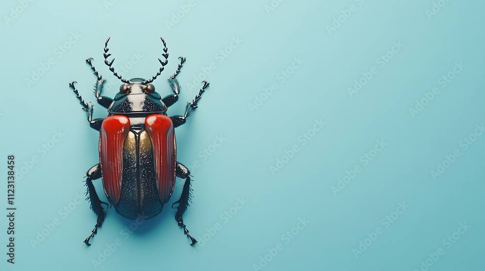 Poster a beetle dressed in a royal guard uniform, set against a soft blue background with plenty of empty s